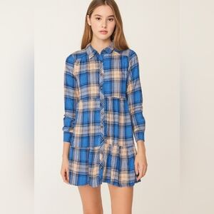 Ultra Flirt Juniors Plaid Shirt Dress Blue Beige Button Down Size Medium